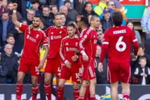 Liverpool players celebrate a 5-2 Premier League win over West Ham after dominant set-piece goals