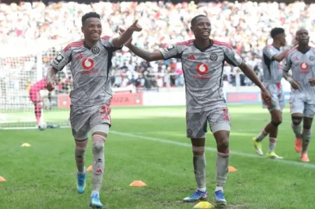 Mofokeng celebrates his hat-trick during Orlando Pirates' 6-0 win over TS Galaxy.