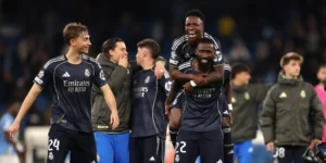 Vinicius Junior celebrates as Real Madrid phase Man City out of Champions League once more at Etihad.
