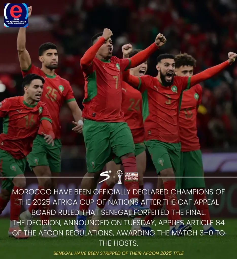 Morocco declared AFCON 2025 champions after Senegal stripped of title following a 3-0 forfeit win.