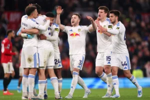 Noah Okafor celebrates as Leeds United defeat Wolves 3-0 in the Premier League.