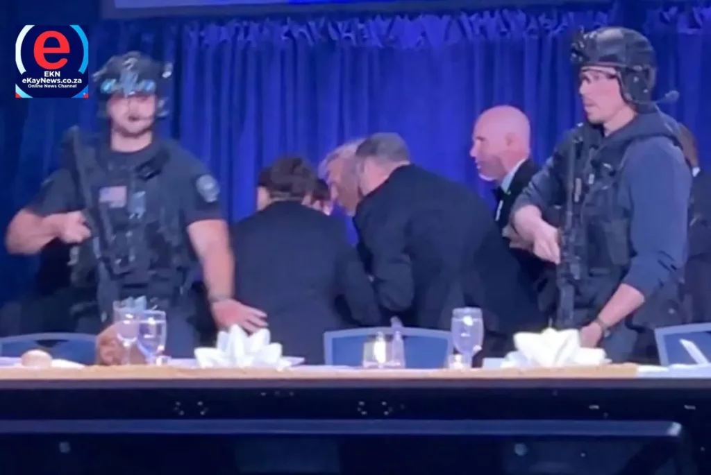 Trump rushed off stage after shots fired at WHCD dinner by armed suspect.