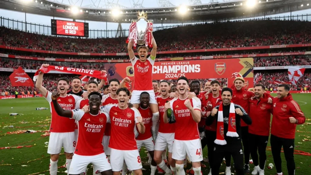 Arsenal players celebrate winning the 2025/26 Premier League title, ending a 22-year drought.