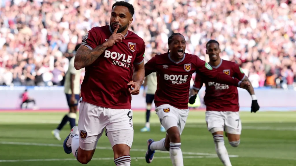 Brentford players celebrate a 3-0 Premier League victory against West Ham.