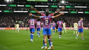 Crystal Palace players celebrate their 2-1 win over Shakhtar Donetsk in the UECL semi-final.
