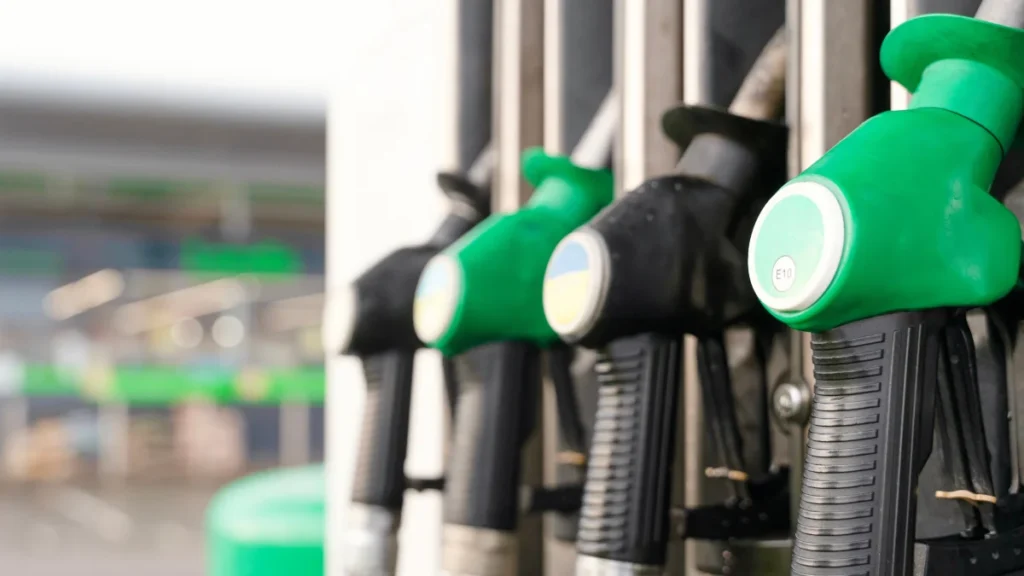 Fuel pumps at a South African filling station showing retail petrol and diesel selections.