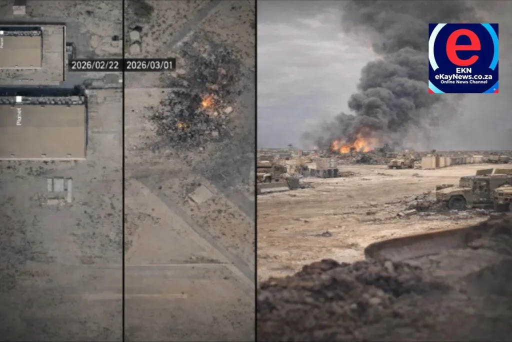Aerial view of damaged structures at a US military base following Iranian missile strikes.