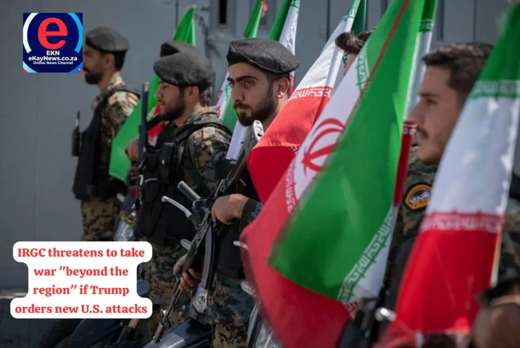IRGC soldier standing by missile as Iran threatens to take war beyond the region if Trump attacks.