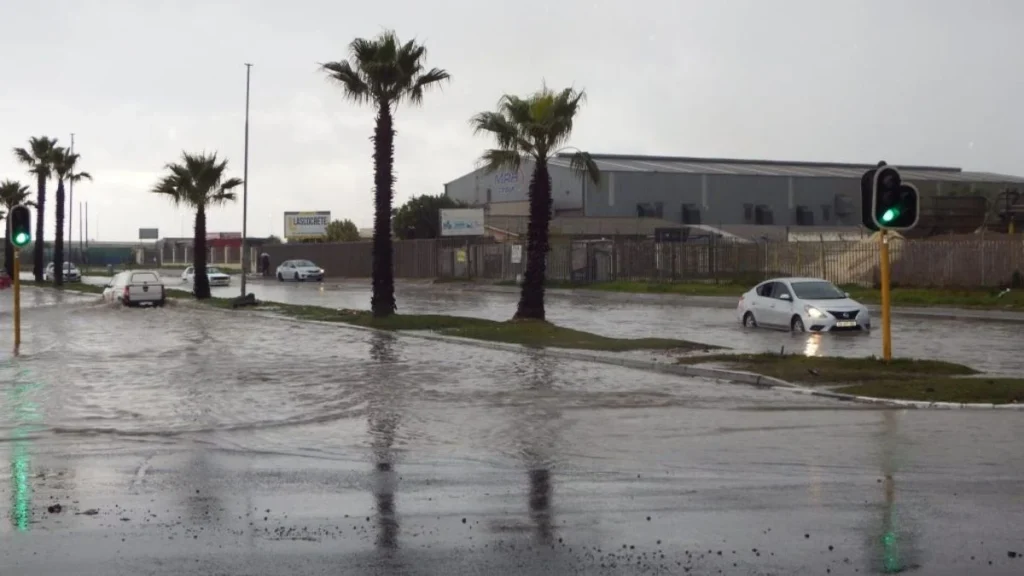 Flooded roads in the Western Cape during a level 8 severe storm with heavy rain and strong winds.