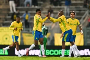 Mamelodi Sundowns players celebrate a goal in the record 7-4 victory over Siwelele in the PSL.