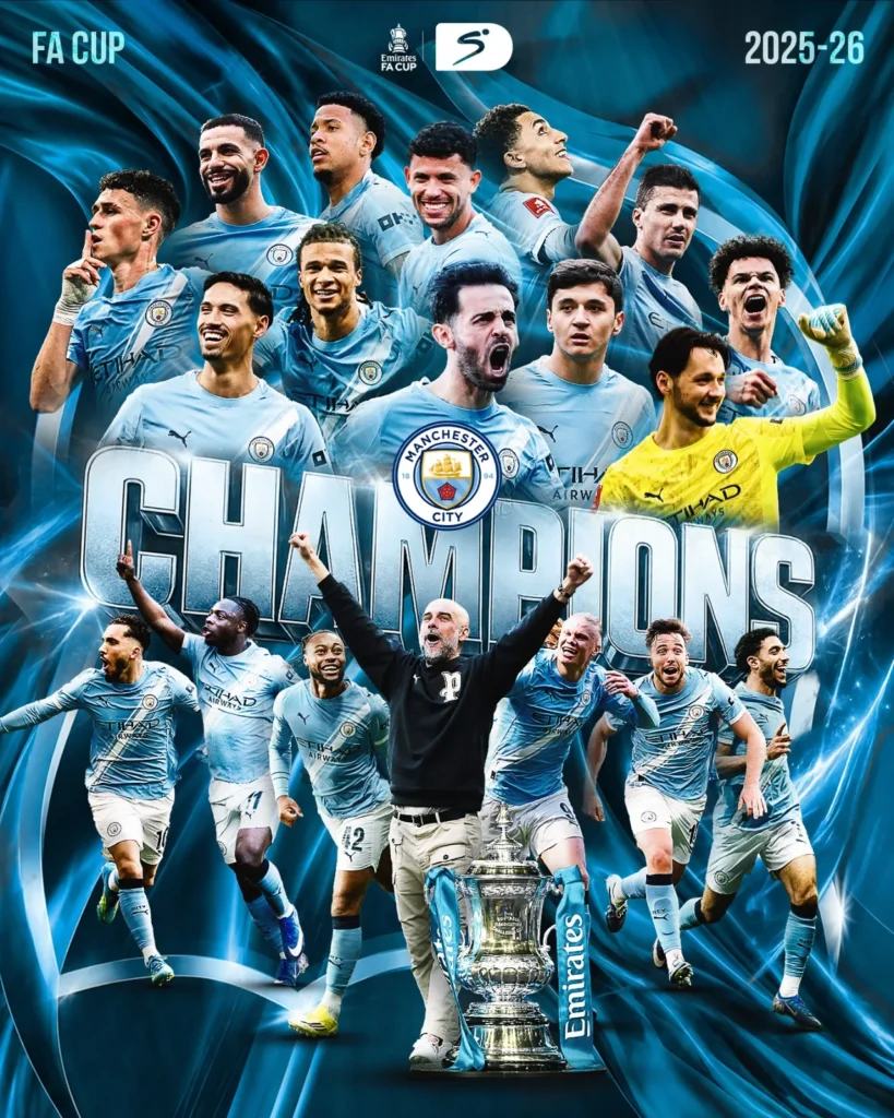 Manchester City players lift the FA Cup trophy into the London night sky after defeating Chelsea.