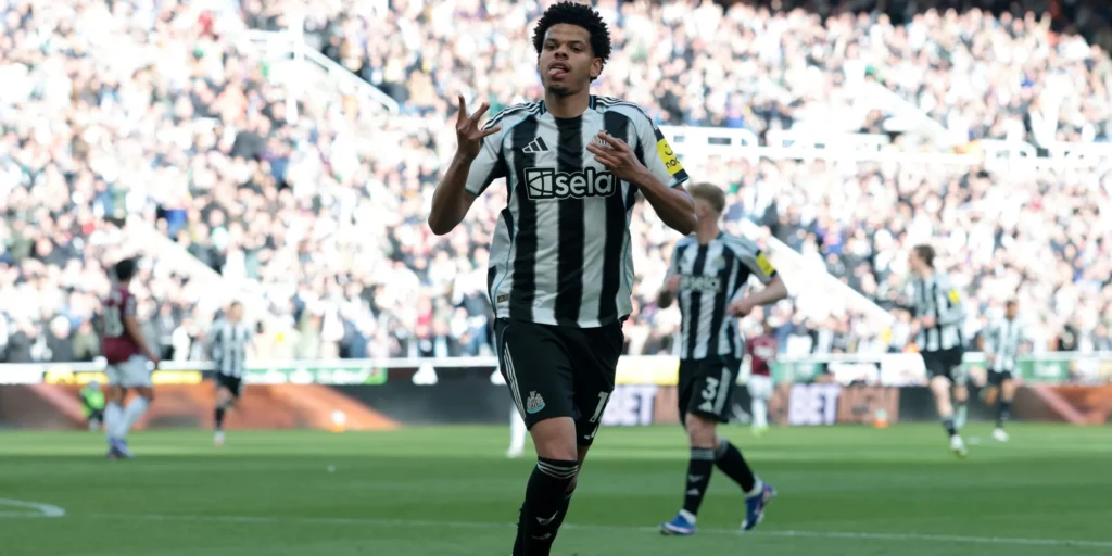 William Osula celebrates scoring for Newcastle against West Ham at St James' Park.