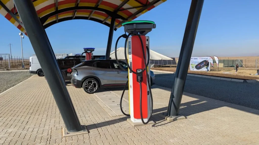 Zero Carbon Charge off-grid EV charging station with solar panels on the N3 highway in South Africa.