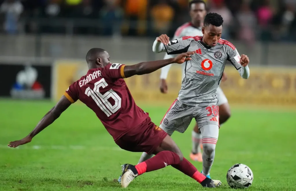 Orlando Pirates players celebrate a 2-0 victory against Stellenbosch FC in the Betway Premiership.