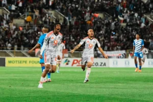 Orlando Pirates forward Patrick Maswanganyi celebrates scoring against Magesi FC in Polokwane.