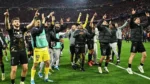 PSG players celebrate at the Allianz Arena after beating Bayern Munich to reach the UCL final.