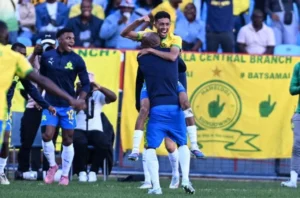 Mamelodi Sundowns players celebrate their 3-0 win against Polokwane City.