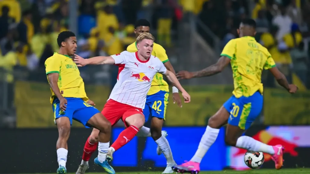 Mamelodi Sundowns players celebrating after 3-1 comeback win over RB Leipzig at Lucas Moripe Stadium