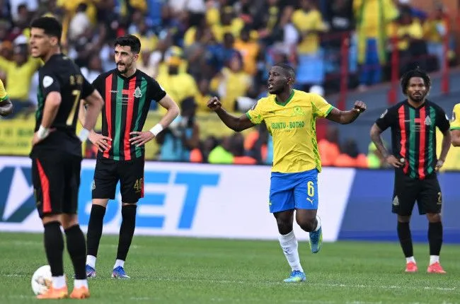 Sundowns Defeat AS FAR In CAFCL Final First-Leg Mamelodi Sundowns players celebrate their crucial 1-0 goal against AS FAR Rabat at Loftus Versfeld.