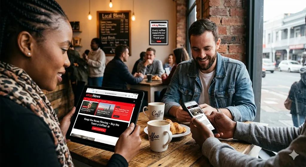 Two people enjoying coffee while reading the latest news on the eKayNews website online.