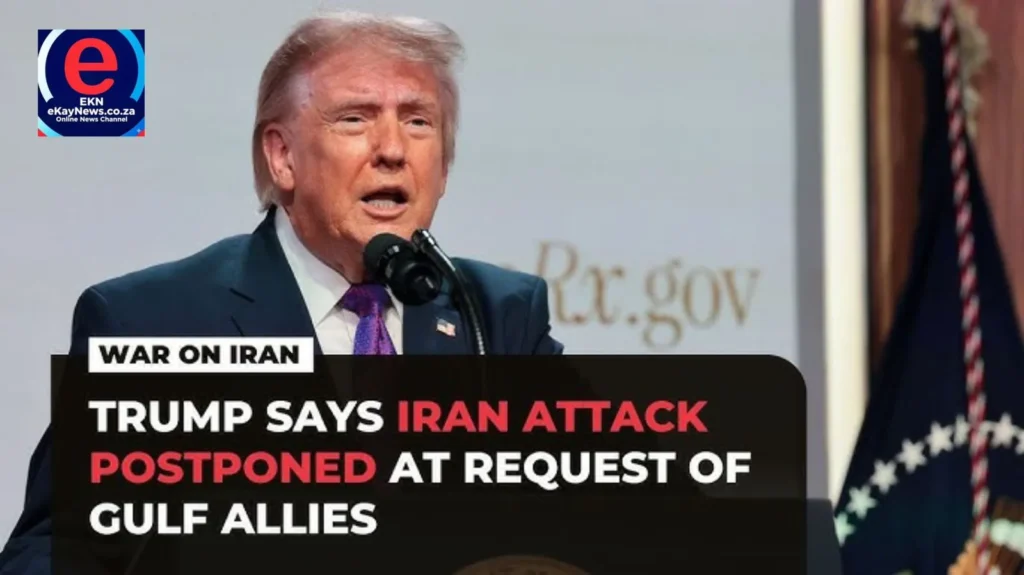 President Donald Trump speaking at a podium regarding Middle East peace negotiations and Iran.