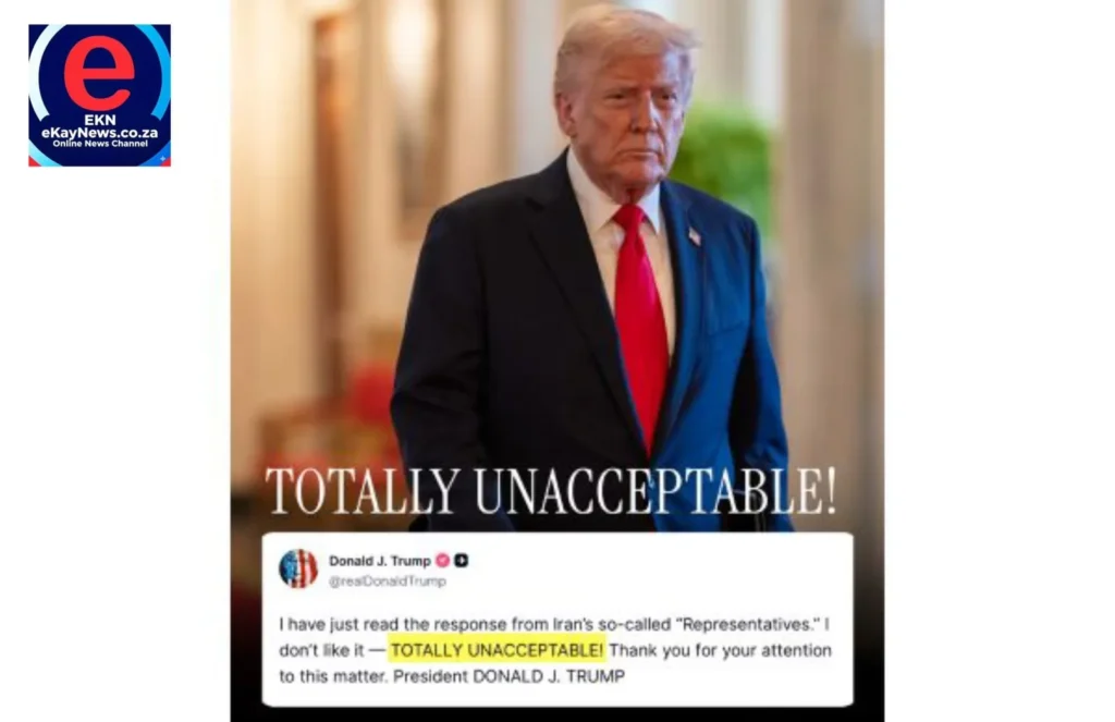 Donald Trump rejects Iran's peace proposal as totally unacceptable on his Truth Social platform.