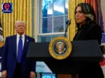 Tulsi Gabbard at a press conference before announcing her resignation as intelligence director.
