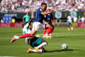 Kylian Mbappe celebrates after scoring in France's 3-1 World Cup victory over Senegal