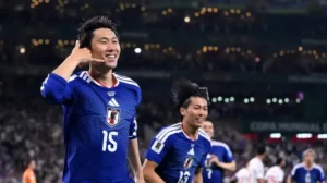 Ayase Ueda celebrates after scoring twice in Japan's 4-0 FIFA World Cup 2026 victory over Tunisia