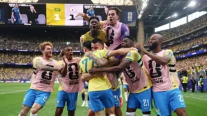 Gabriel Martinelli celebrates after scoring Brazil's stoppage-time winner against Japan at World Cup 2026.
