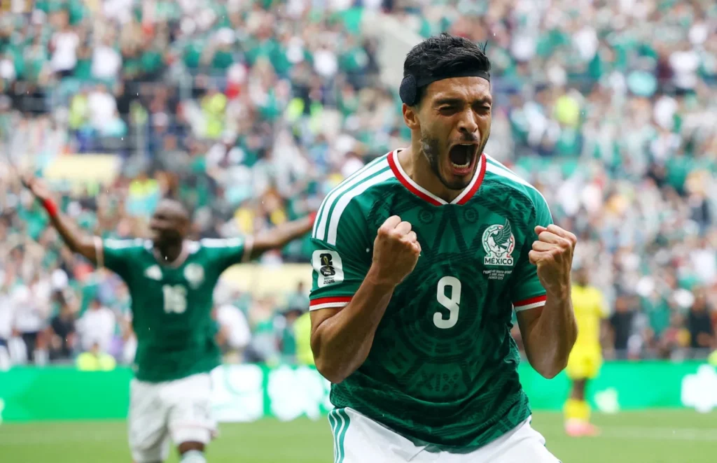 Raul Jimenez celebrates emotionally after scoring for Mexico in the 2026 FIFA World Cup opener