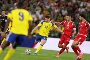 Yasin Ayari celebrates after scoring in Sweden's dominant 5-1 World Cup victory over Tunisia