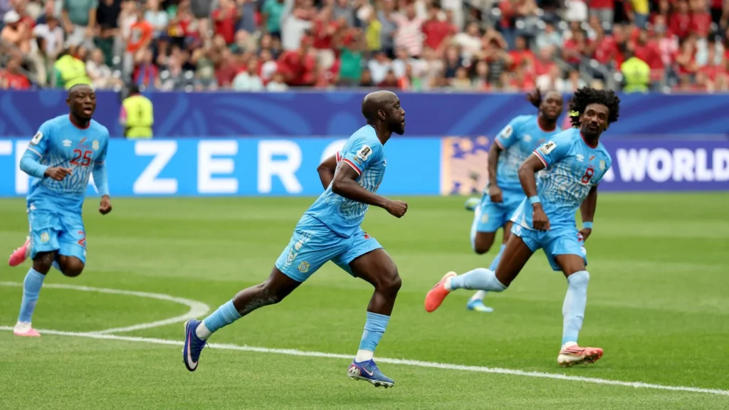 Yoane Wissa celebrates after scoring DR Congo's historic first World Cup goal against Portugal