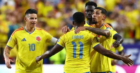Jhon Arias celebrates after scoring the winning goal for Colombia against Ghana at FIFA World Cup 2026.