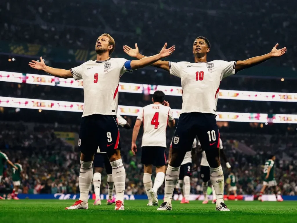 Jude Bellingham celebrates after scoring against Mexico in the FIFA World Cup 2026 Round of 16.