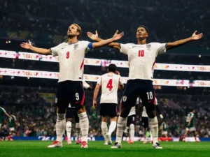 Jude Bellingham celebrates after scoring against Mexico in the FIFA World Cup 2026 Round of 16.