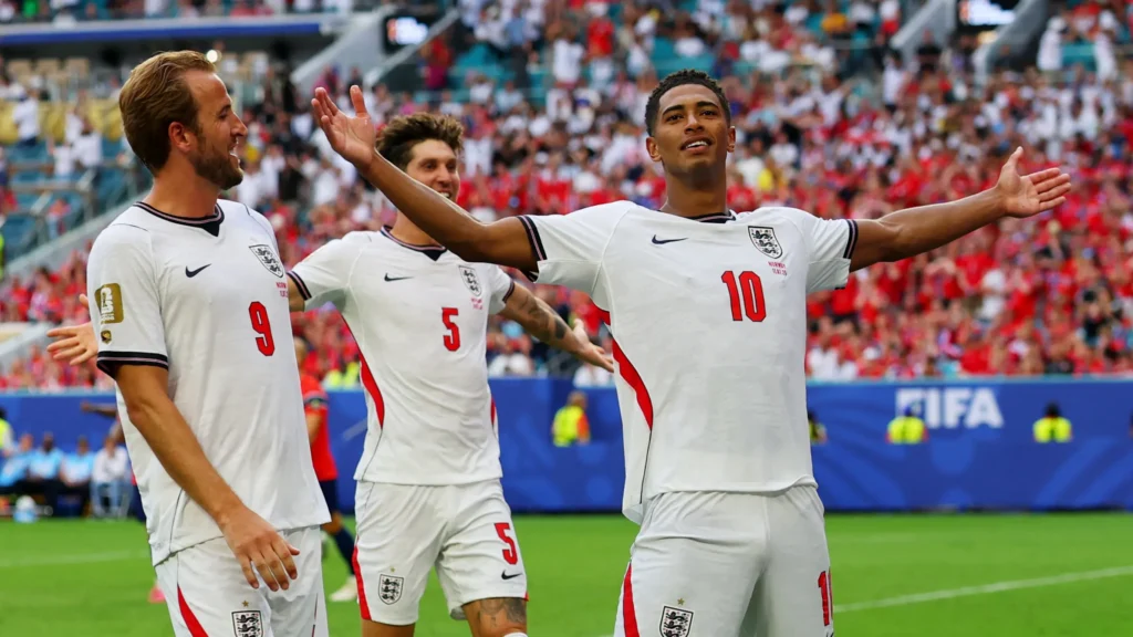 Jude Bellingham celebrates after scoring twice as England beat Norway 2-1 to reach World Cup semis.