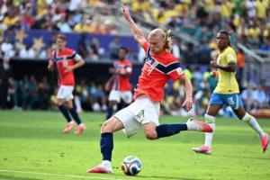 Erling Haaland celebrates after scoring twice as Norway defeat Brazil in the FIFA World Cup 2026.