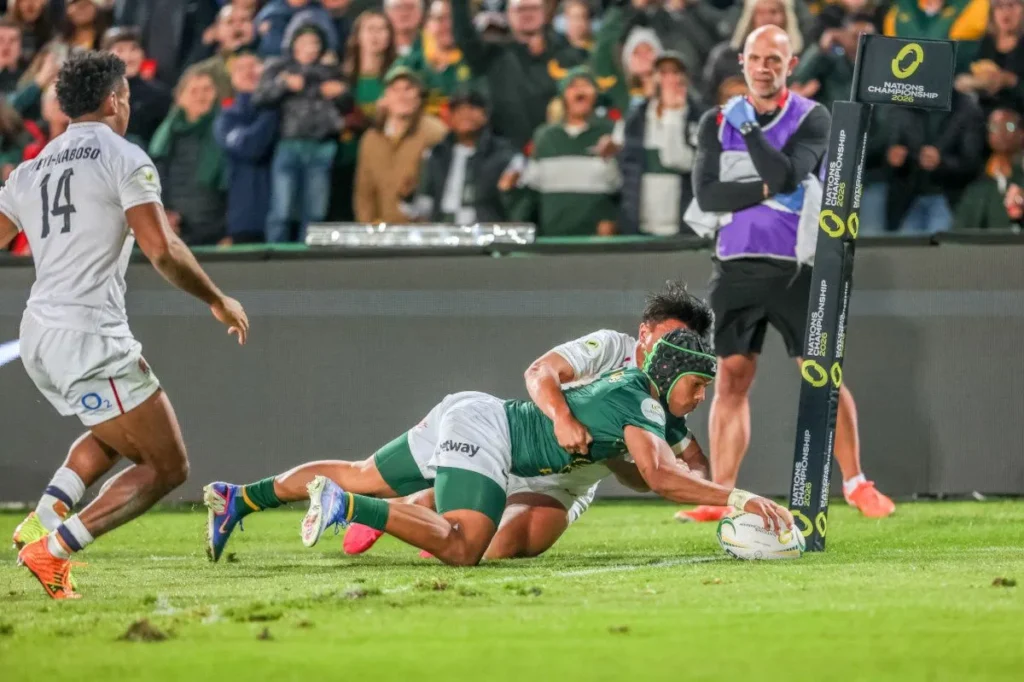 Springboks celebrate victory over England during Nations Championship opener at Ellis Park in Johannesburg.