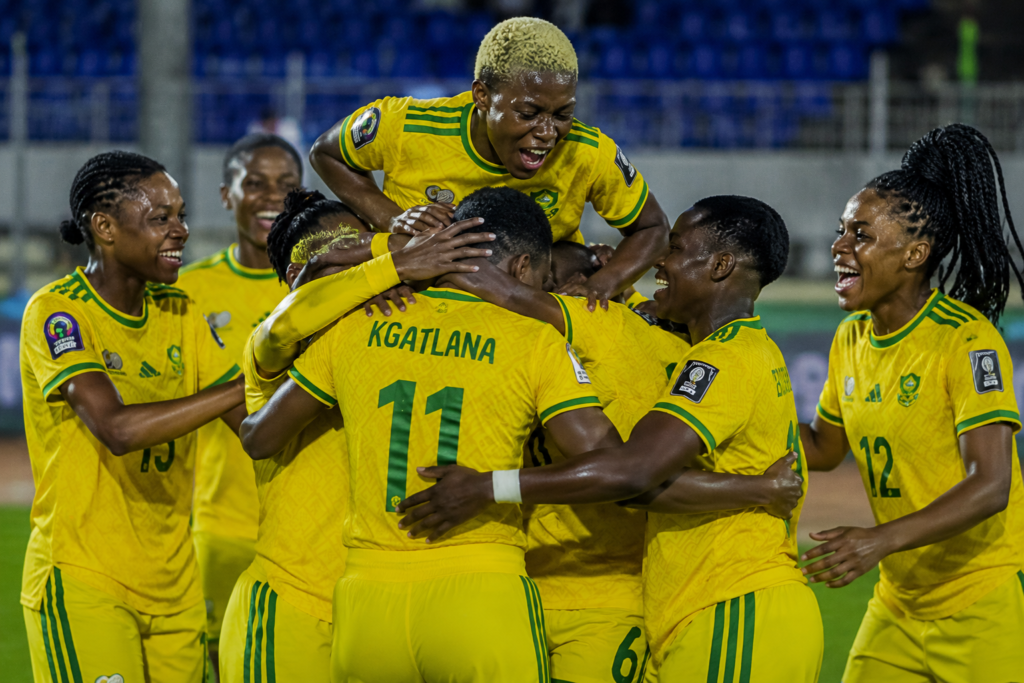 Banyana Banyana celebrate their 2-1 victory over Nigeria to keep World Cup hopes alive in Morocco